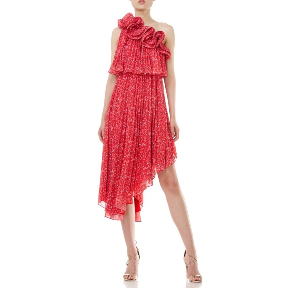 AMUR Alexia Pink Floral Ruffle One Shoulder Dress